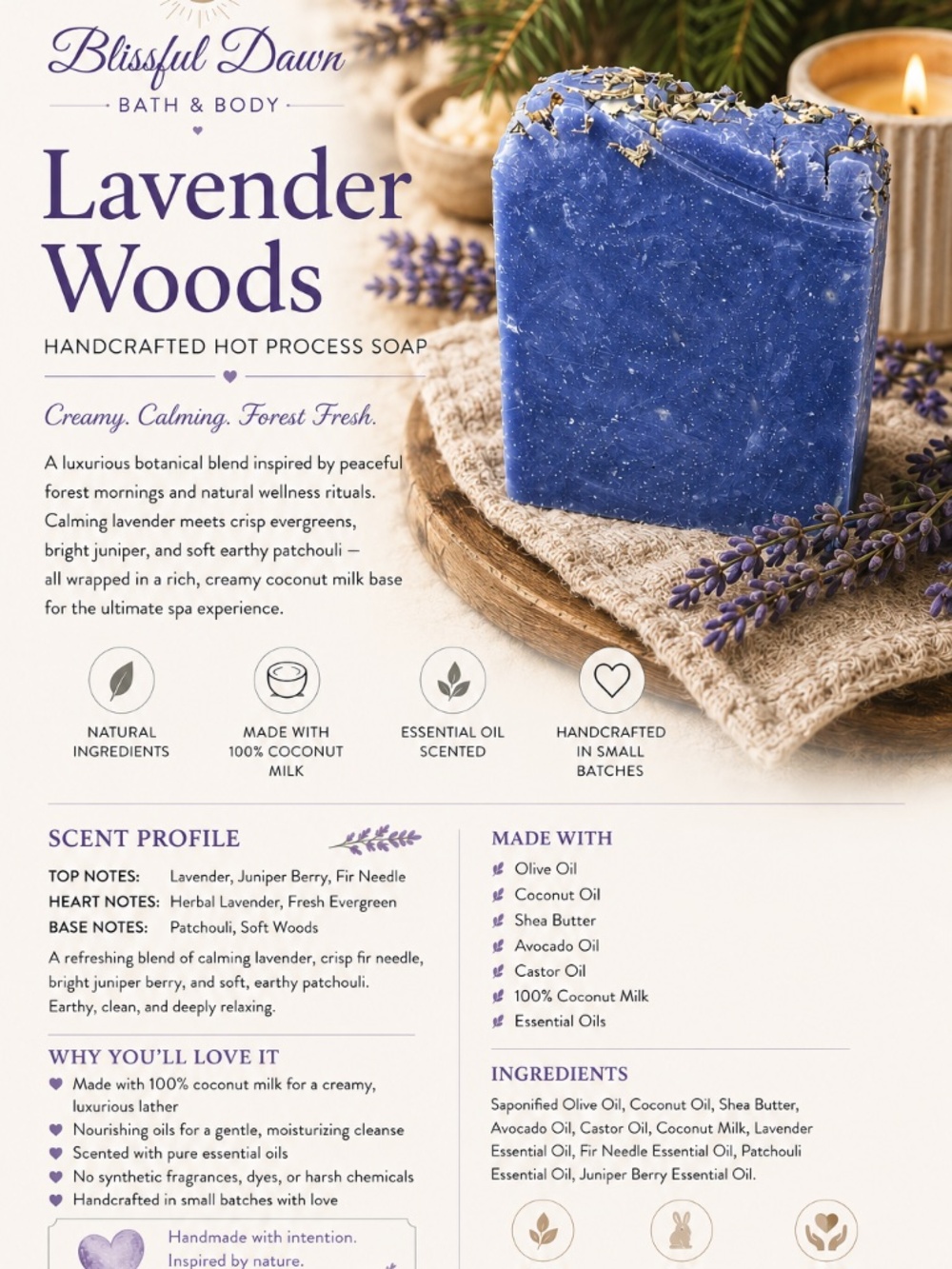 LAVENDER WOODS Luxury Handcrafted Soap 140g Free Soap Dish w/ purchase of 3 bars